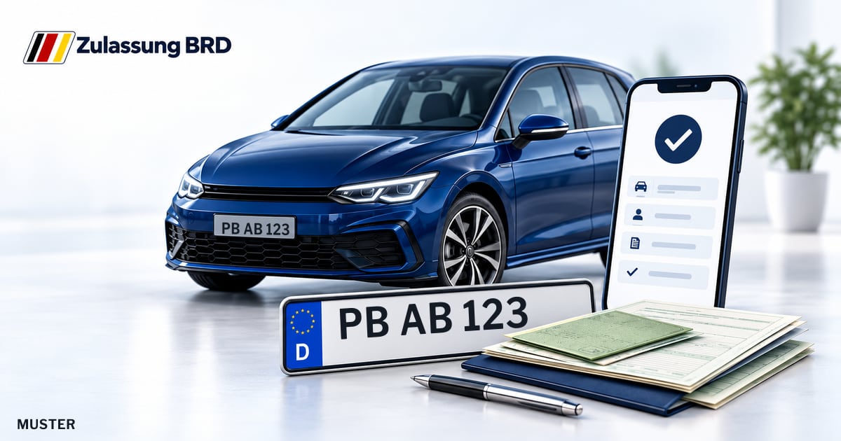 Online Fahrzeugzulassung in Bad Lippspringe: Musterkennzeichen PB AB 123, Auto und Fahrzeugpapiere und Smartphone. Illustration mit Logo von Zulassung BRD.